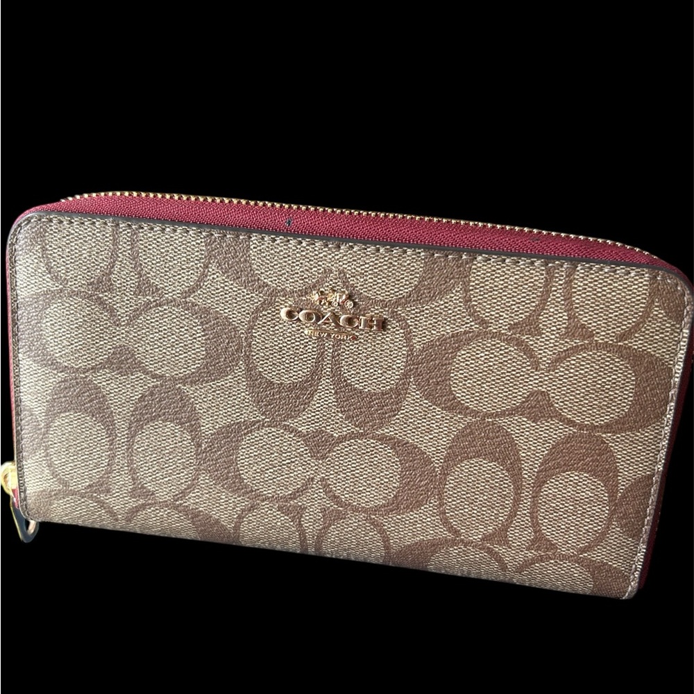 Coach Brown and Red Signature Wallet with Leather Trim